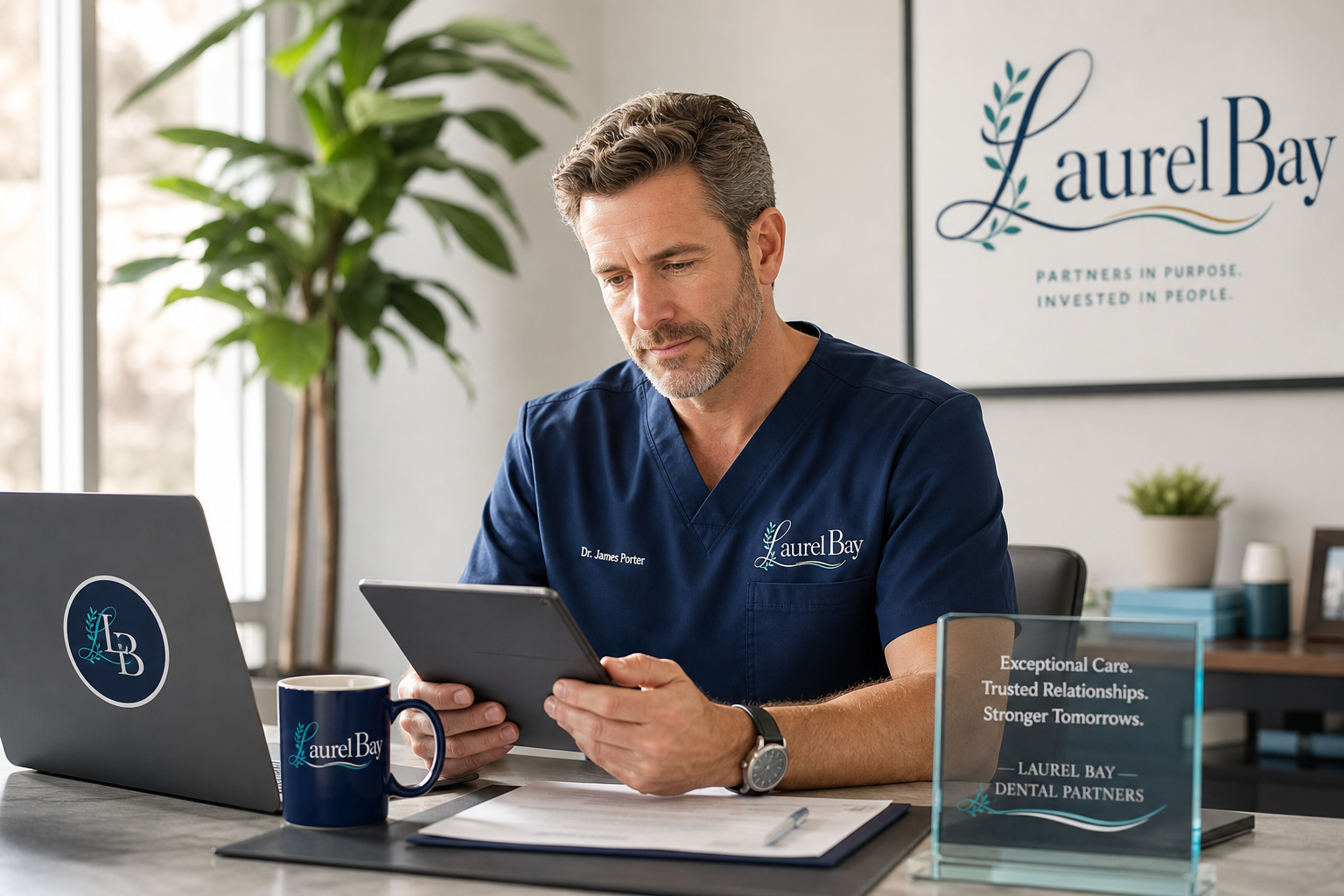 Dentist reviewing partnership documents